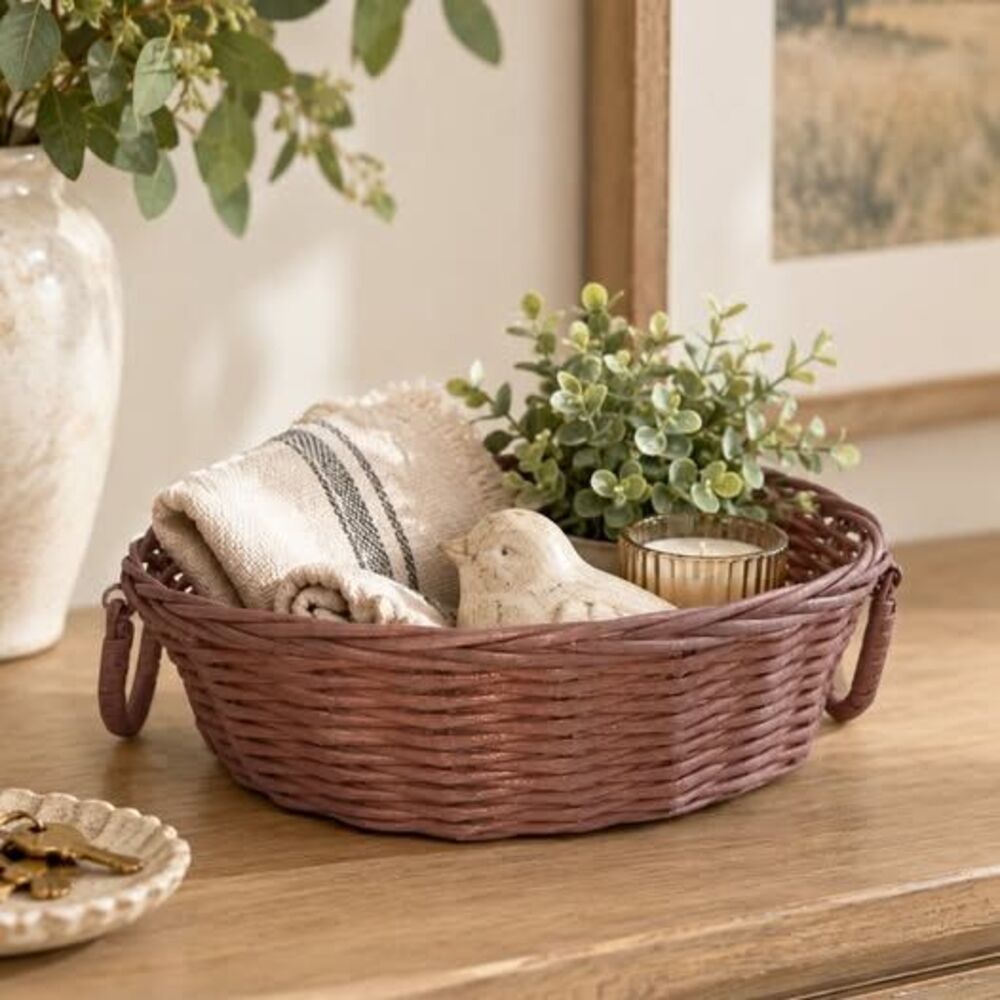 Round Woven Wicker Basket Rustic Farmhouse Cottagecore Decorative Storage Bowl